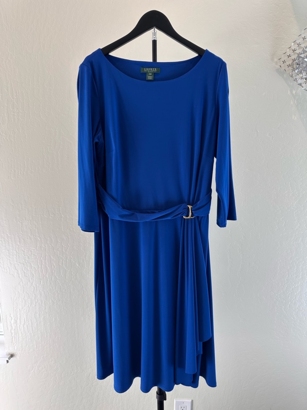Ralph Lauren Cobalt Blue Jersey Midi Dress with Side Drape and Buckle